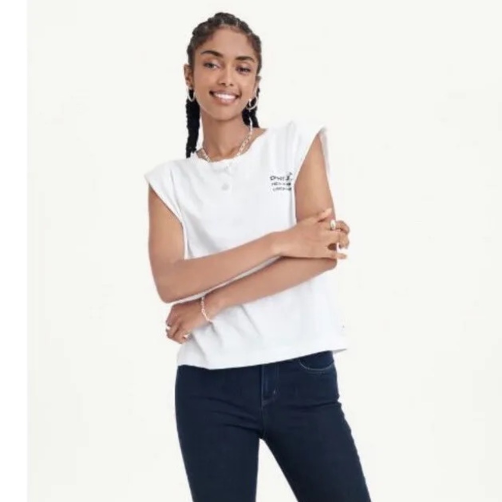 DKNY Jeans Women's Shoulder Pad Logo Muscle Tee White Large NWT